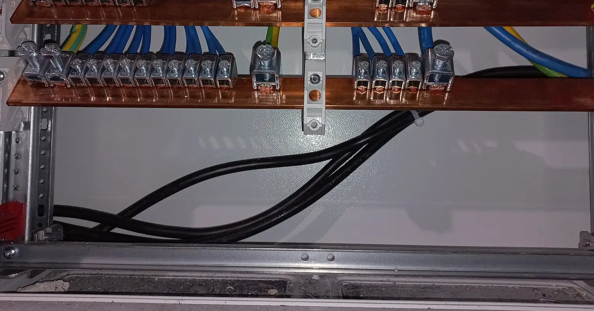 Copper main earthing busbar with cable lugs in a distribution board, an example of copper grounding parts